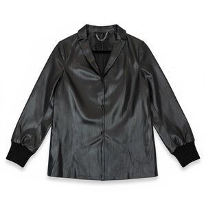 Poleci Black Glazed Leather Look Jacket NWT Size 4 Coated Cotton Snap Front